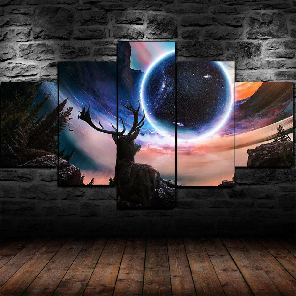 Printed Canvas Painting for Home Decor Poster Picture Deer Elk Moose Moon Star Universe Planet Wall Art Living Room 5 Pieces No Frame