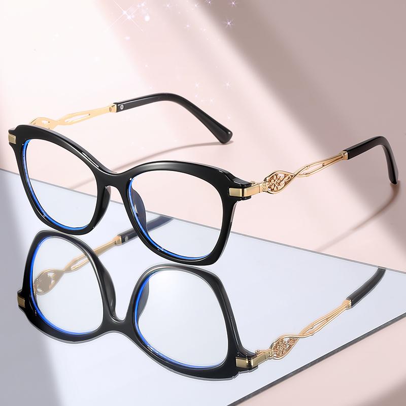 

Chic Oversized Cat-Eye Glasses: Black Frame with Gold Accents, Anti-Blue Light Lenses for Trendy Work & Study Wear