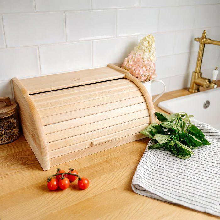 Boîte à Pain - Creative Home - Hêtre Naturel - 38 x 28,5 x 17,5 cm - Couvercle en Rouleau - Classique