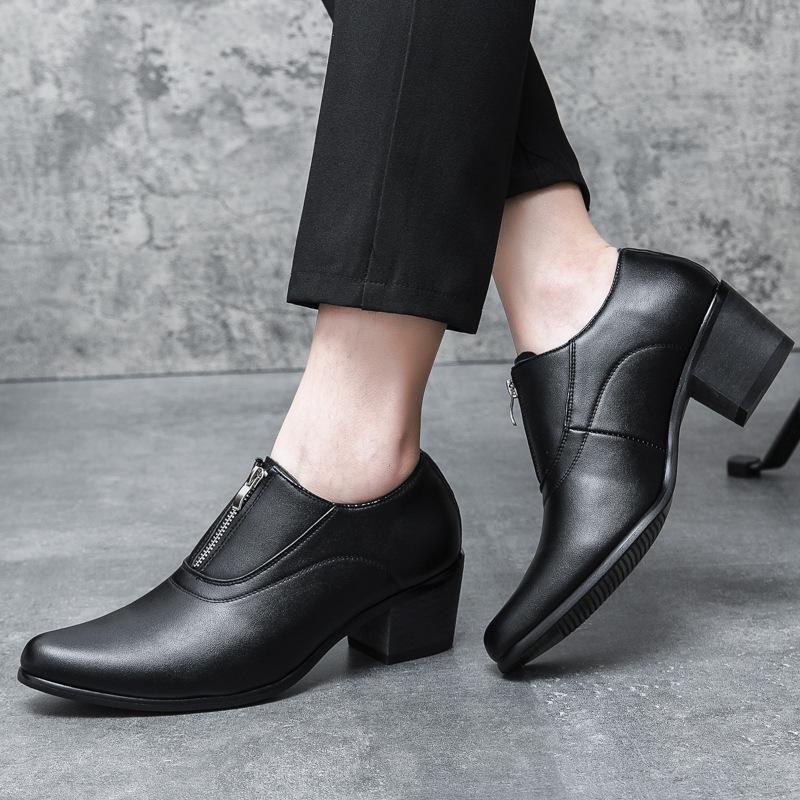 Men's Trendy High-Heeled Leather Shoes for Weddings and Banquets - Size 37, Zipper, Hairdresser Style