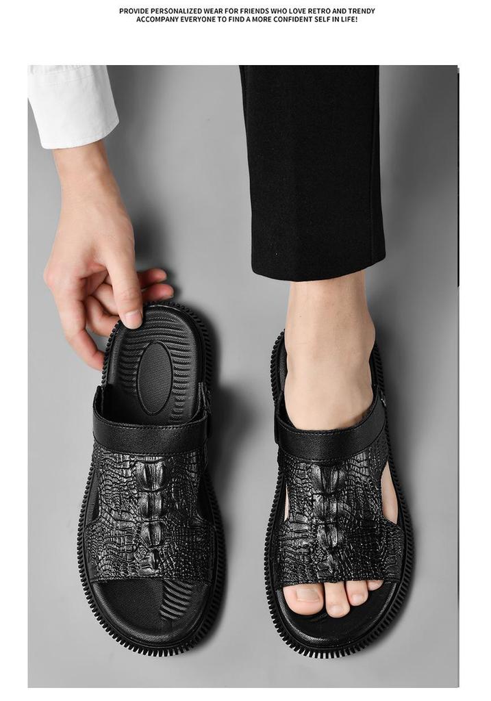 Men's Two-Way Open-Toe Cowhide Sandals: Cross-Strap Crocodile Pattern, Summer Outdoor Beach Half-Slippers