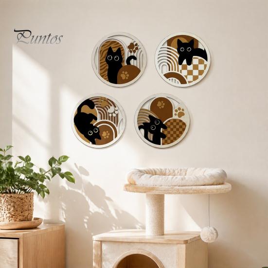 Minimalist Pet Home Decor 4Pcs Wooden Cat Wall Decor, 2D Flat Geometric Hollow Art Prints Modern Bedroom Accents Art, Hanging Signs for Living