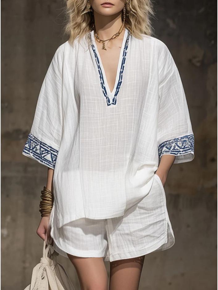 

Bohemian Linen Print V-Neck Short Sleeve and Shorts Women s Set 3XL білий