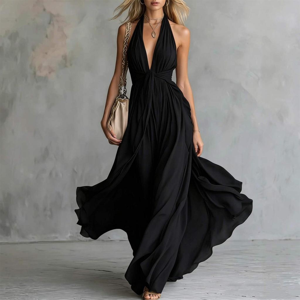 Women Sexy Solid Color Deep V Neck Sleeveless Halter Waist Cinched Maxi Dress