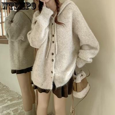 Herfst en Winter Cardigan Jas Losse Effen Kleur Capuchon Gebreide Trui Top voor Dames