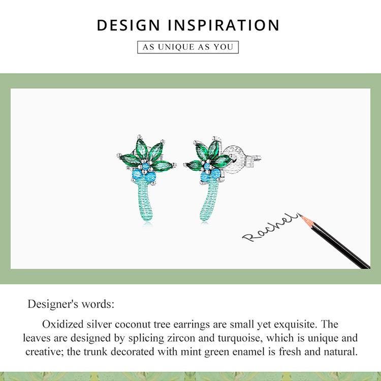 BAMOER 925 Sterling Silver Coconut Tree Stud Earrings for Women Green Zirconium Piercing Earrings Fine Jewelry Wedding Gift