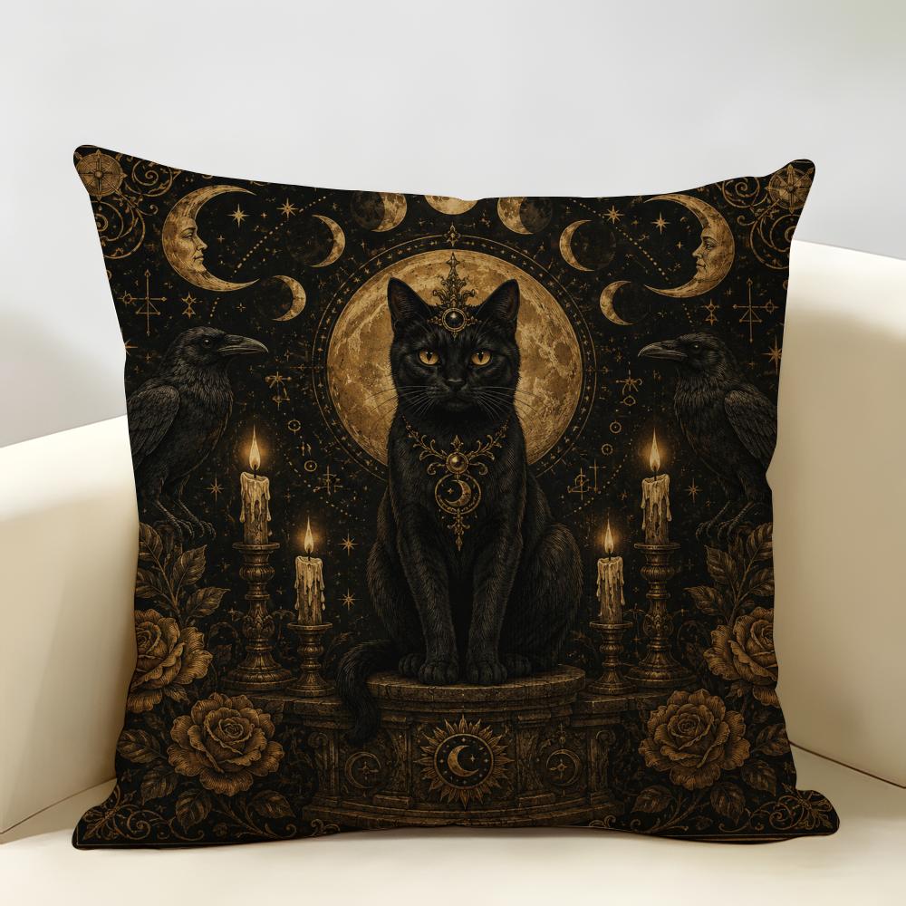 Art Black Cat Halloween Cushion Cover Durable Hypoallergenic Organic Linen Pillow Cover Short Size Washable SkinFriendly