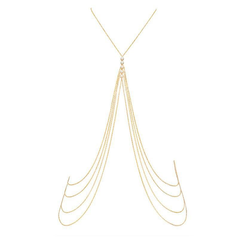 European and American Jewelry, Sexy Spice Girl Geometric Imitation Pearl Multi-layer Body Chain, Simple and Versatile Beach Waist Chain for Women