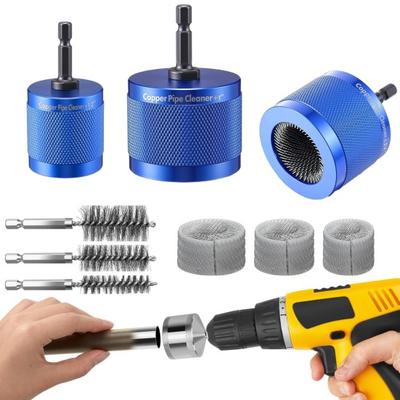 Copper Pipe Cleaner Set with Hex Shank Replaceable 72A Steel Wire Brush Heads Threaded Design Prevents Slippage High Torque Pipe Cleaning Tools