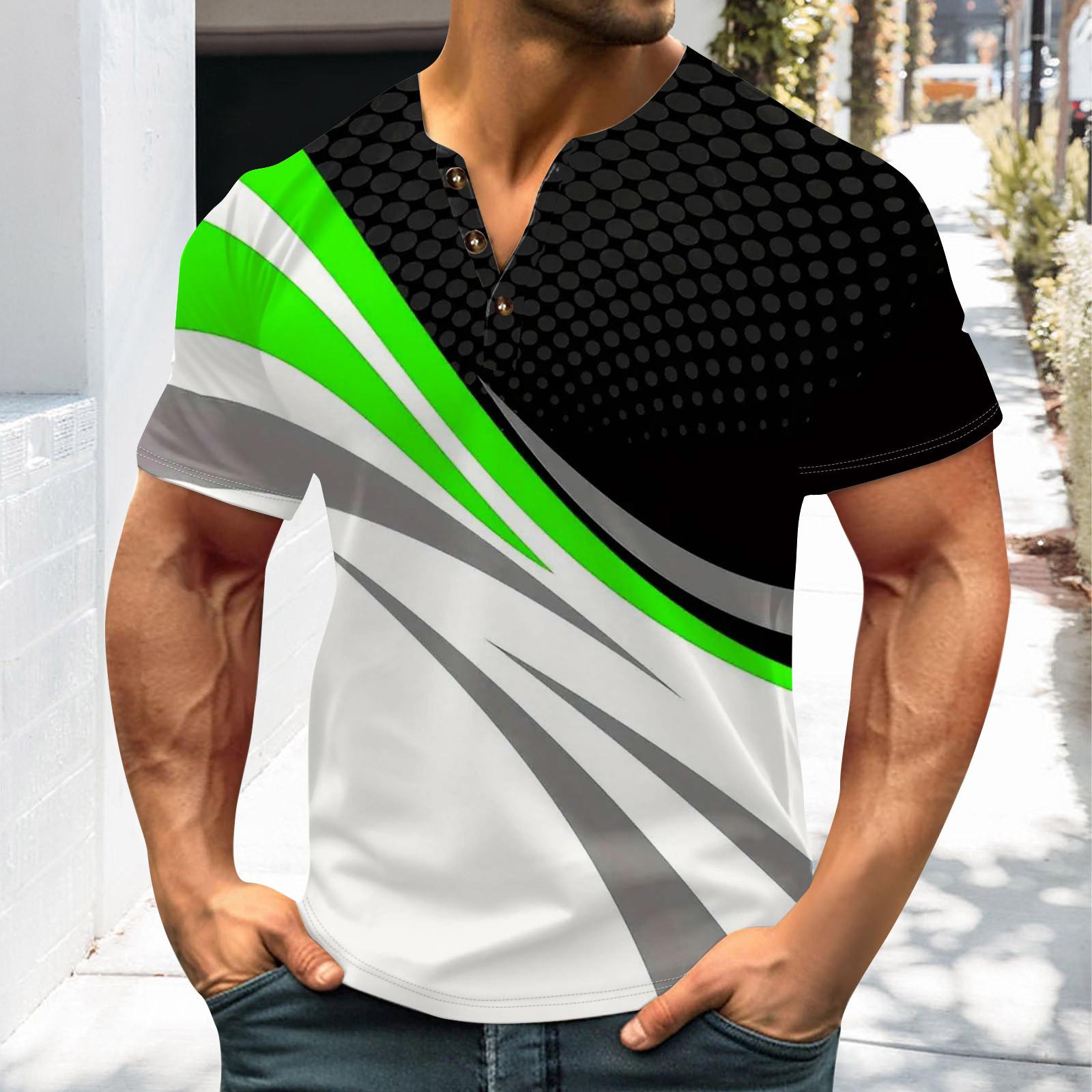 Винтажная летняя мужская футболка уличная одежда 3 пуговицы свободная одежда футболка с коротким рукавом и принтом XL зелёный 1698₽