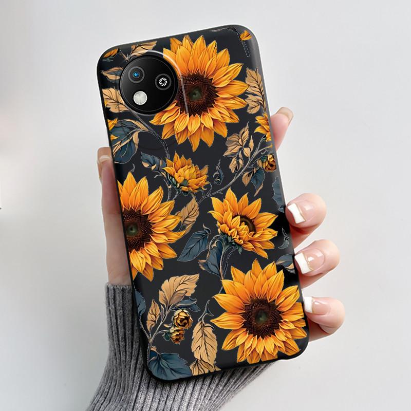 For ZTE Blade A35 Lite/A35 Core Jelly Soft Black Cover Romantic Scenery Pattern Coconut Tree Wildflower Sunflower Casing