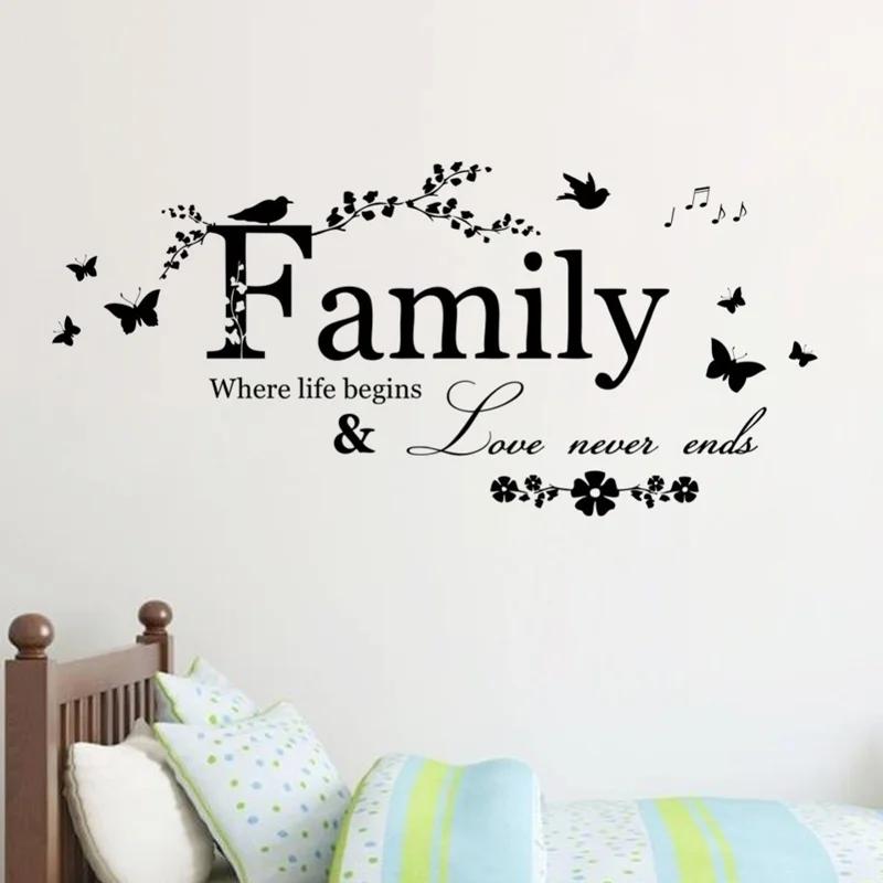 Familie Kjærlighet Never Ends Sitat Vinyl Veggklistremerke Veggdekor Bokstaver Kunst Ord Klistremerker Hjemmeinnredning Bryllupsdekorasjon Plakat