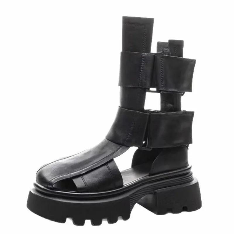 Fashion 6.5CM New Women Gladiator Sandals Summer Thick High Heel Platform Genuine Leather Hollow Roman Sandals Women Mid Calf Cool Boots