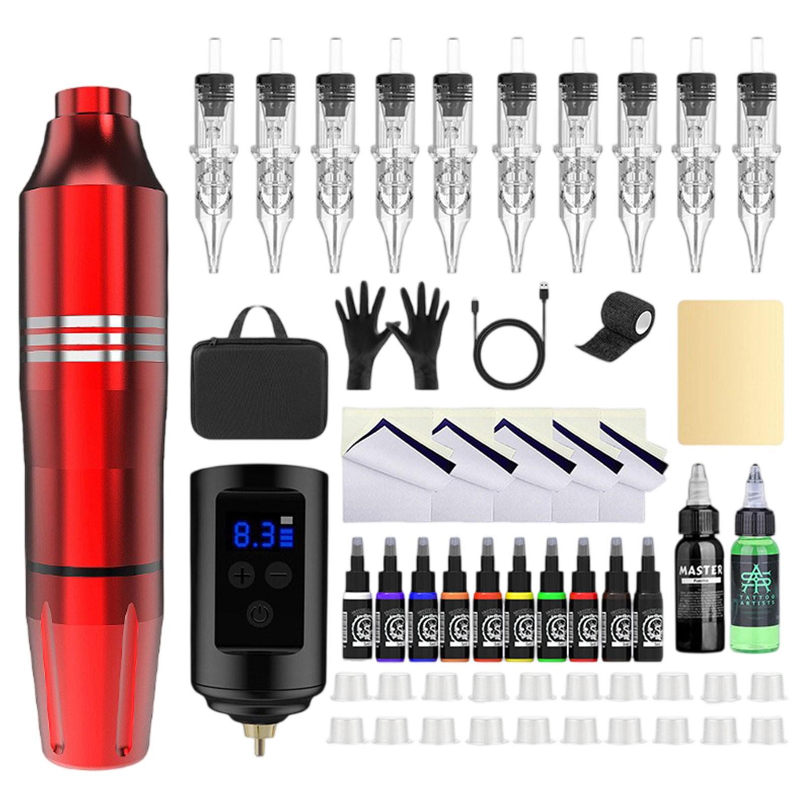 

Комплект с беспроводной машинкой, аккумуляторы емкостью 1500 мАч, 10 игл для картриджей с выступом для пальцев, набор чернил 120 мл One Size