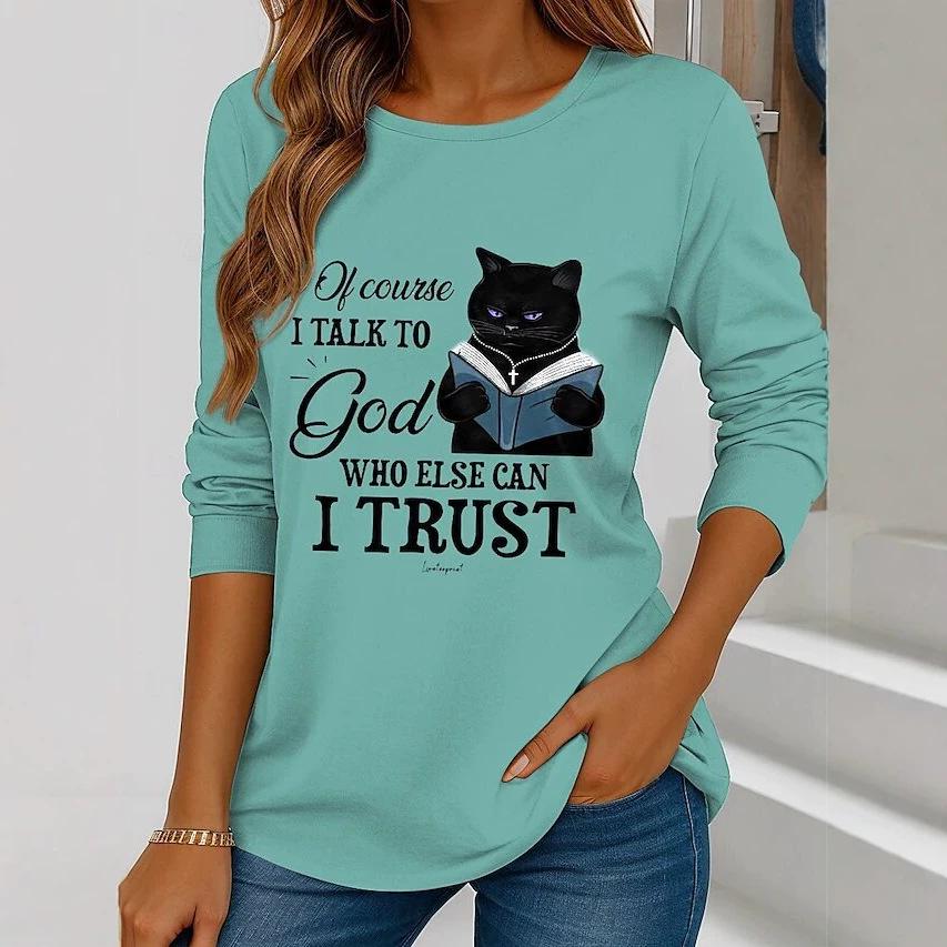 Herbst und Winter Damen Katze 3D-Druck Rundhals Langarm T-Shirt