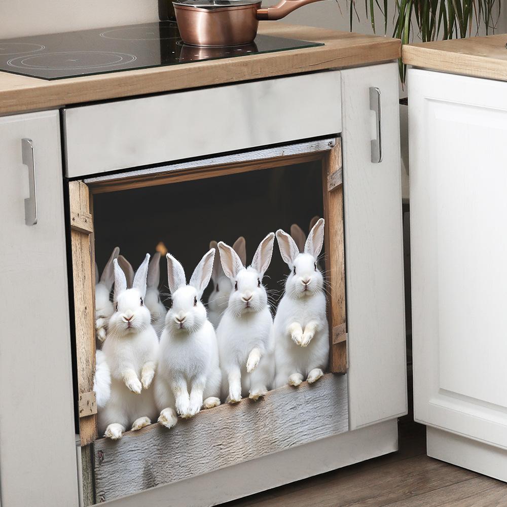 Autocollants muraux décoratifs pour armoires de cuisine, joli petit lapin blanc, arrière-plan de la maison, aménagement paysager