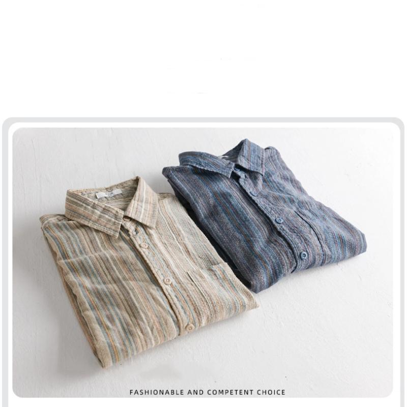 Spring Fall Japanese Vintage Striped Long Sleeve Shirt Men Street Style New Fashion Men Tops Lapel Collar Pocket Men's Casual Shirt