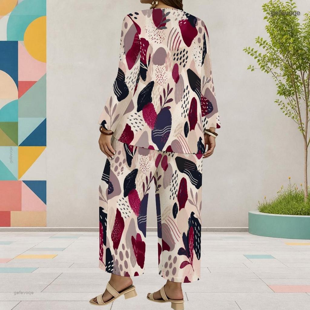 Women Plus Size Two Piece Set Round Neck Long Sleeve Printed Layered Top Wide Leg Cropped Pants