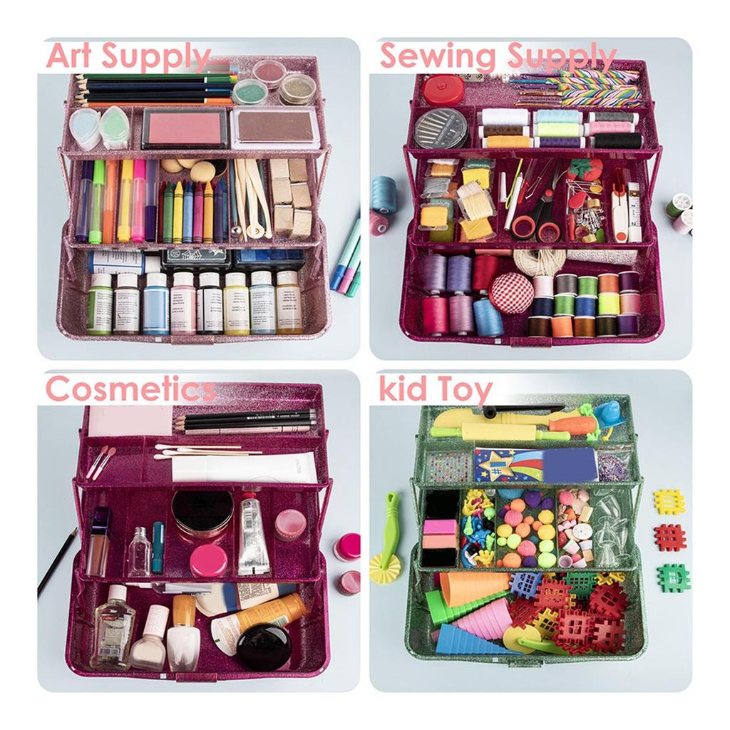 New Glitter Pink & Craft Tool Storage Box,3-Layer Stackable Carry Tackle Box Sewing Box Organizer for Art