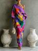 Women's One Shoulder Midi Dress Color Block Graffiti Print Three Quarter Sleeve Casual Street Style Long Dress