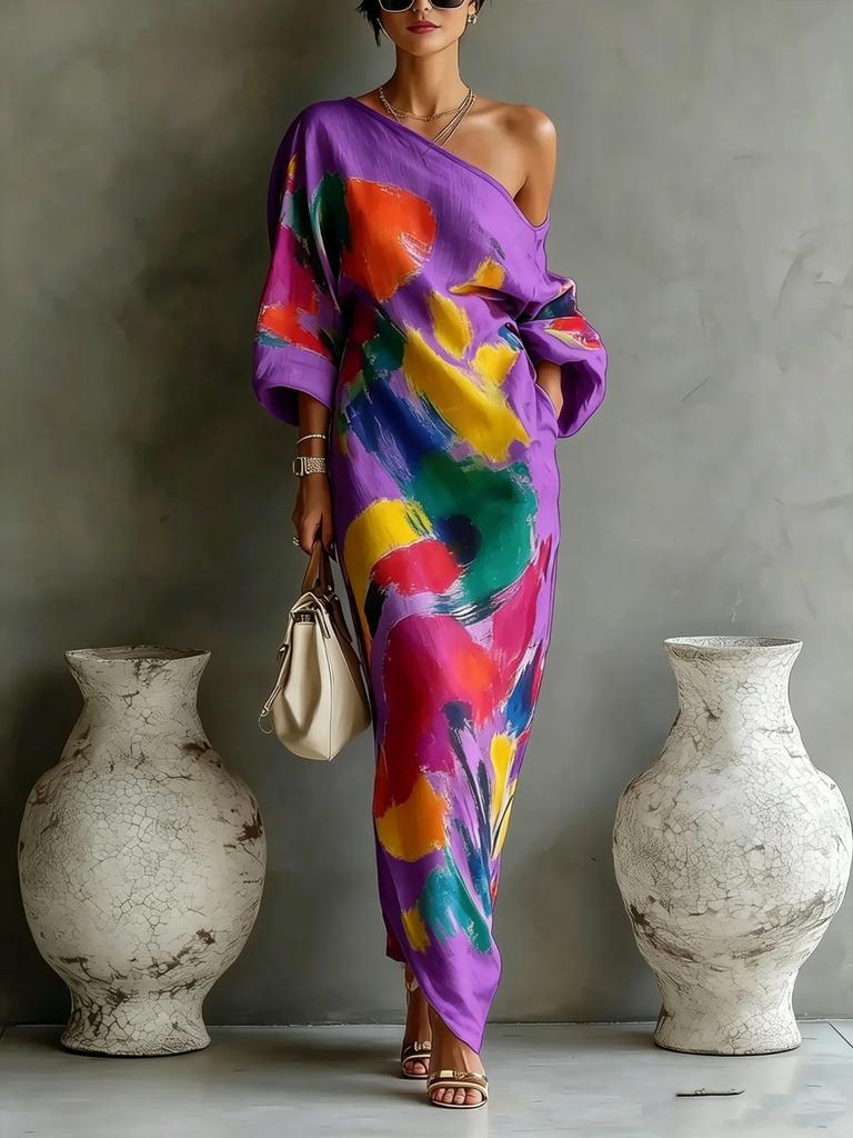Women's One Shoulder Midi Dress Color Block Graffiti Print Three Quarter Sleeve Casual Street Style Long Dress