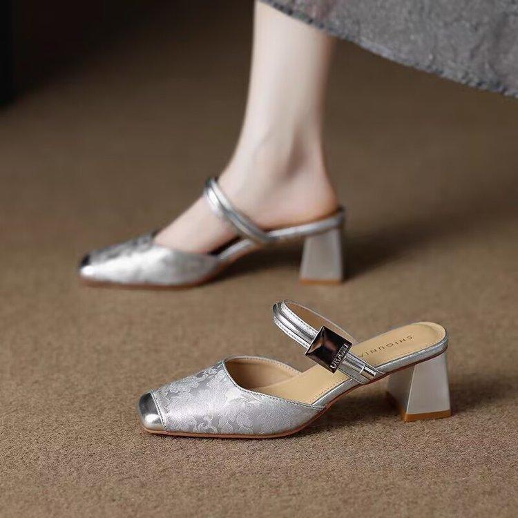 Fashion Fashion Womens High Heels French Toe High-Heeled Sandals Summer New Versatile Women's Half Slippers Tacones Altos Para Mujeres