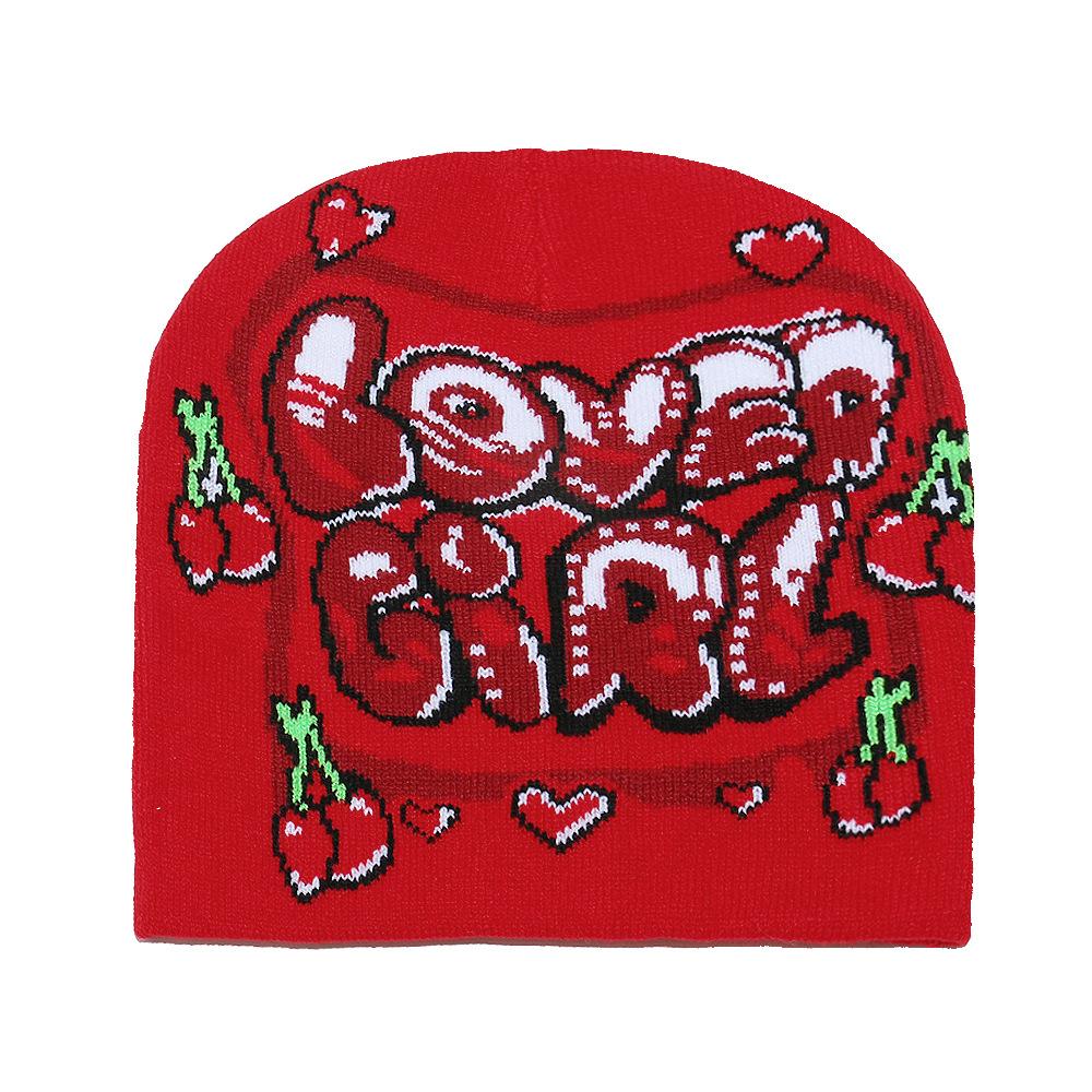 2025 Autumn and Winter New Wool Hat Trendy Fashion Letters Cherry Love Warm Ear Hat Knitted Hat Women