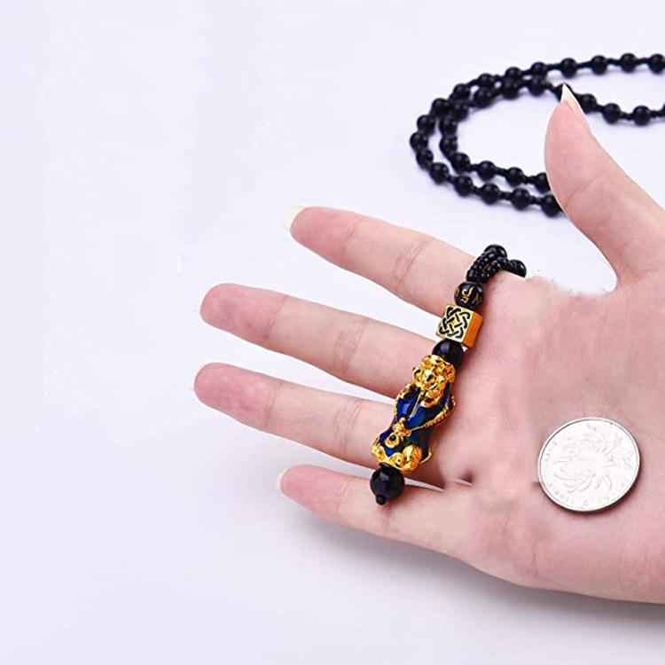 Men's Pixiu Obsidian-Style Buddhist Bead Necklace with Color-Changing Fortune-Enhancing Design.