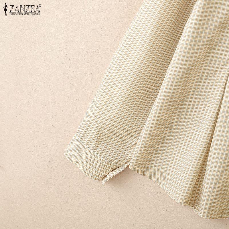 ZANZEA Women Grid Print Casual Round Neck Long Sleeve Blouse