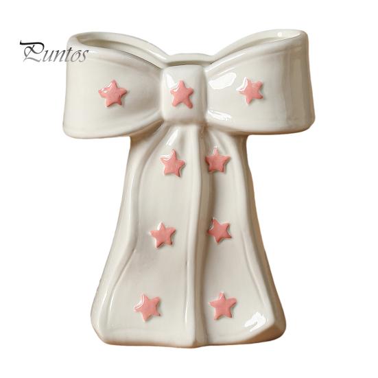 Dried Flower Holder Ceramic Bow Vase with Star, Decorative Flowers Vase, Creative French Style Arrangement for Living Room Table Centerpiece