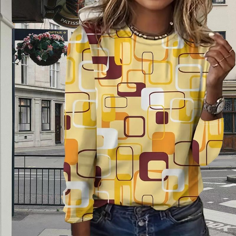 

Топы для женщин, цветной полосатый узор в горошек, квадратный принт, круглый вырез, длинный рукав, футболка, осенний повседневный тонкий пуловер, женский топ с длинным рукавом 8XL жёлтый