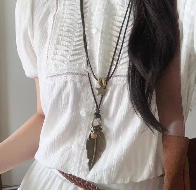 New Bohemian Flowering Pearl Necklace Women's New Chinese Style Leather Rope Ethnic Style Beaded Necklace