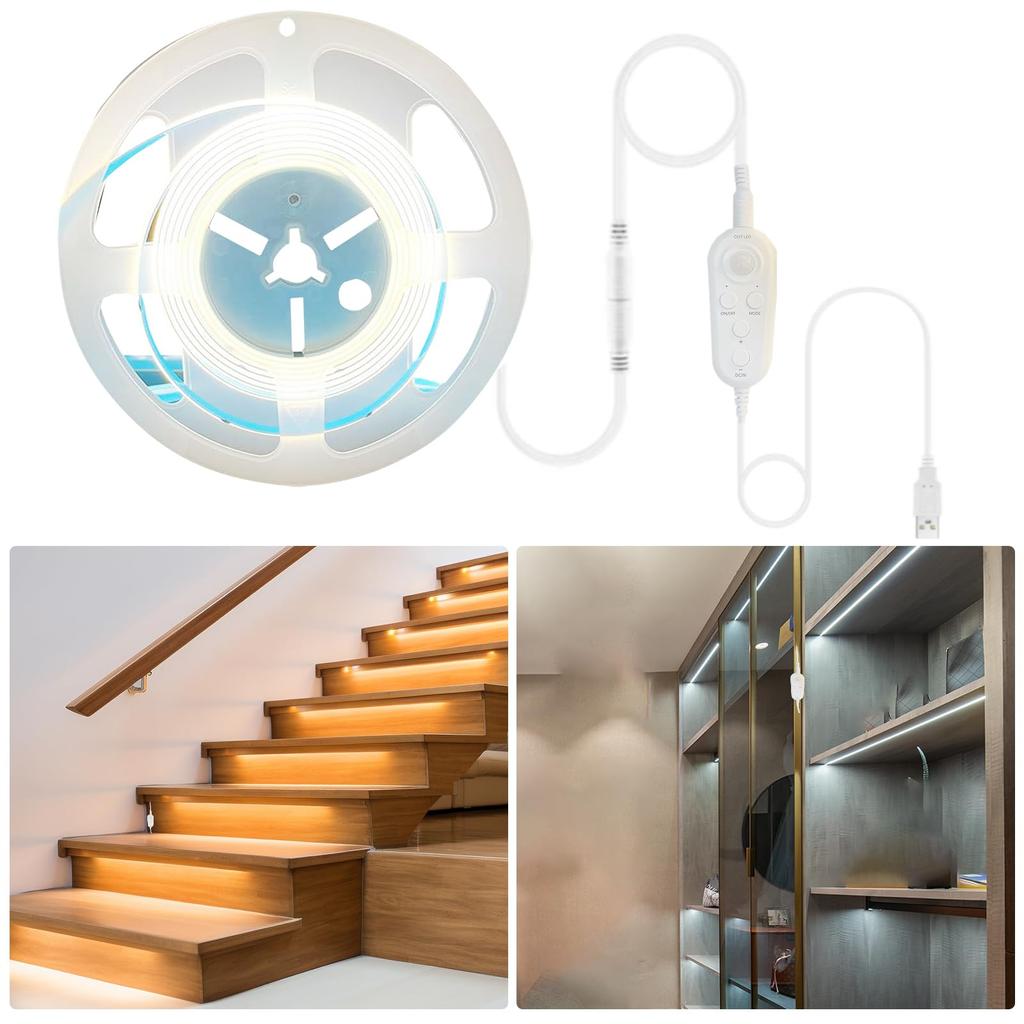 Clearhill Human Sensitive LED Tape Light Strip Light with Sensor Flexible 5M Natural White 4000K Powerful Width 8mm 320 USB Powered IP20 5V For Stairs