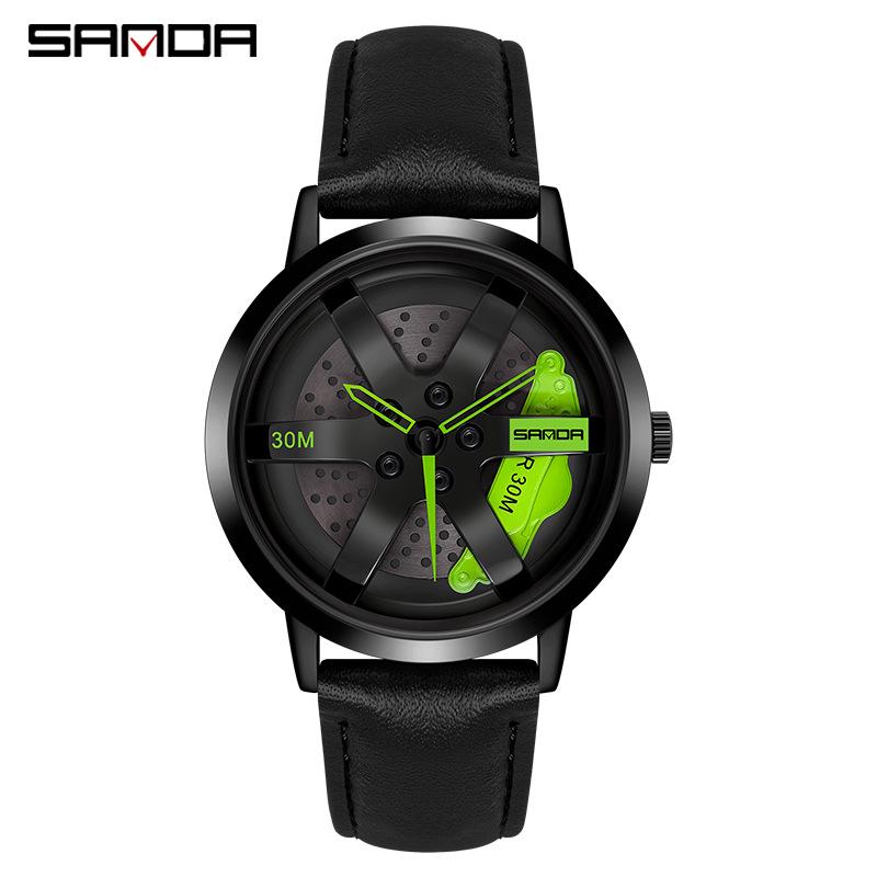 Sanda Cool Men's 3D Hollow Car Wheel Leather Strap Quartz Watch
