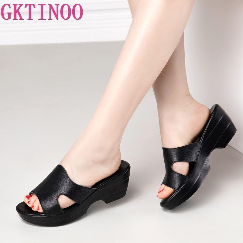 Fashion GKTINOO Women Slipper Sandals Wedges Platform Genuine Leather Peep toe Female Sandals Ladies clogs Summer Shoes Plus Size 41 42
