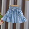 Girls' Summer New Denim Shorts Girls' Casual Pleated Skirt Pants Medium and Large Children's Outerwear Pants Skirt