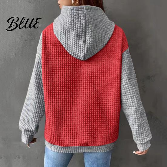 Drawstring Hooded Sweatshirt Fall Winter Women Hoodie Color Matching Waffle Texture Long Sport Top Sleeveless Big
