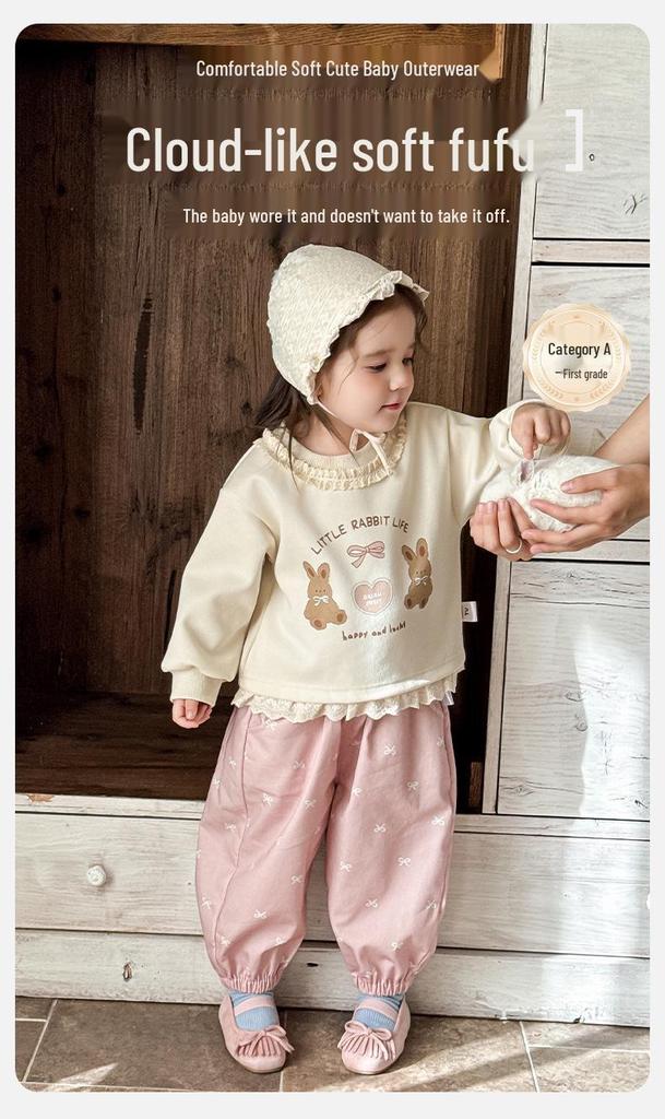 Korean Girls' Spring 2026 Cartoon Hoodie & Pants Two-Piece Set