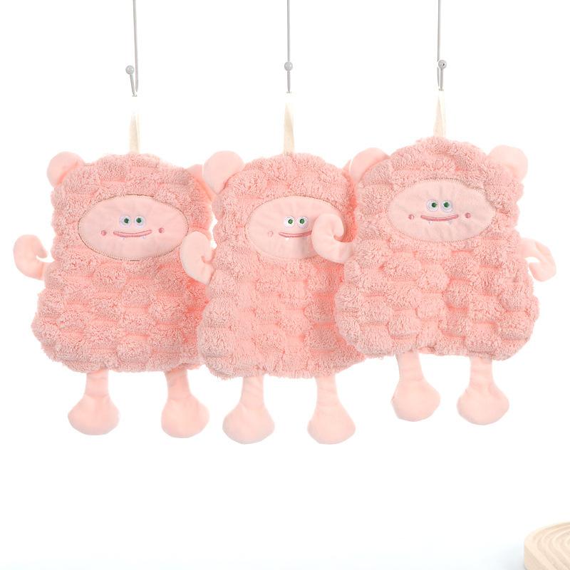 Coral fleece lamb monster hand towel soft and absorbent cute embroidery can be hung rag kitchen and bathroom quick drying hand towel hanging towel