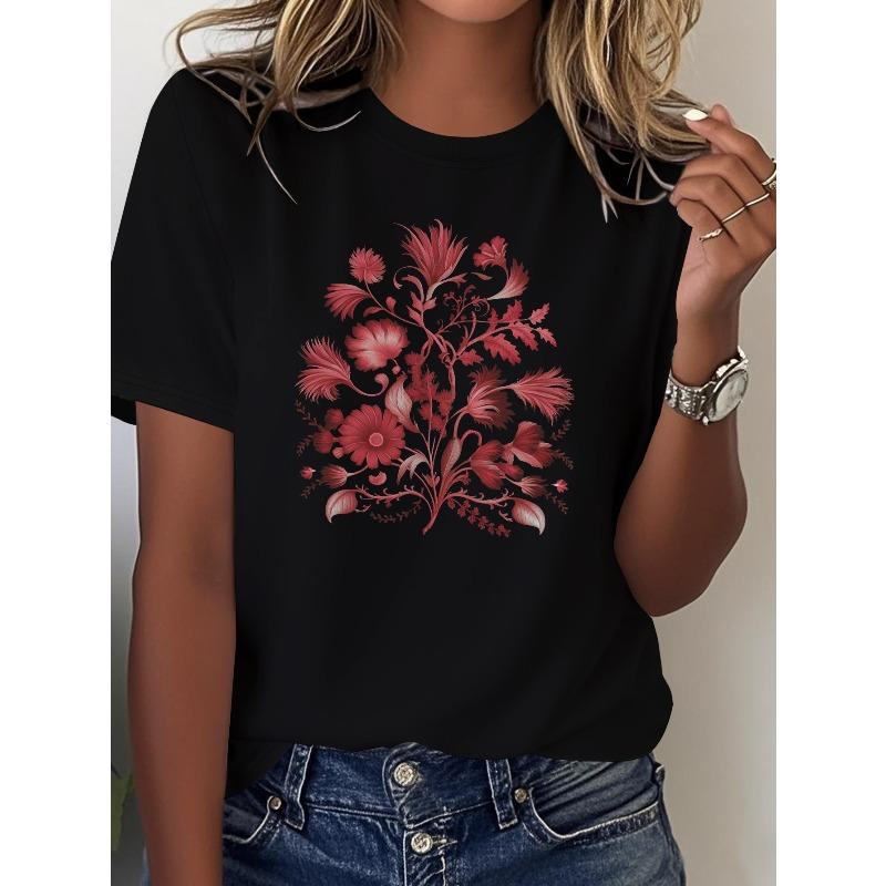 

European Size Women S Pure T-Shirt Featuring a Beautifully Designed Floral Symmetrical Pattern 4XL чорний
