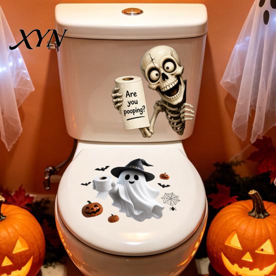 Halloween Toilet Stickers Sticker, Ghost And Skeleton Print Decals, Waterproof PVC Easy Bathroom Decals Peel Stick Spooky Stickers, for Seats