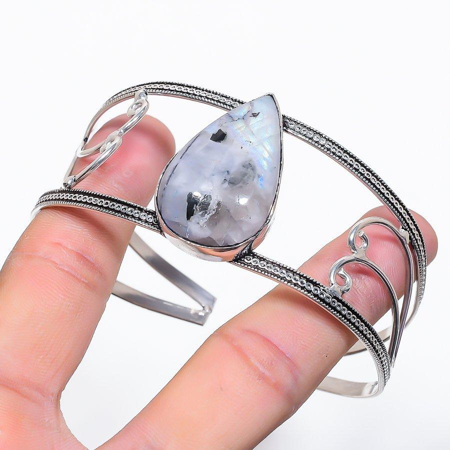 Natural Moonstone Gemstone 925 Sterling Silver Cuff Bangle Adjustable V2S47