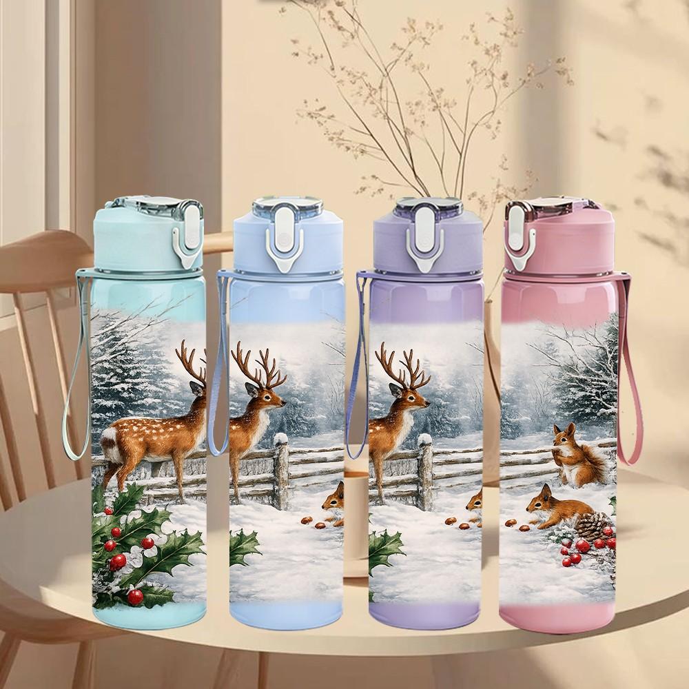 1PC Winter Deer Snow Forest 750ml Color Plastic Sports Water Bottle Leakproof Flip Straw Lid Suitable for Sports Office Home Use