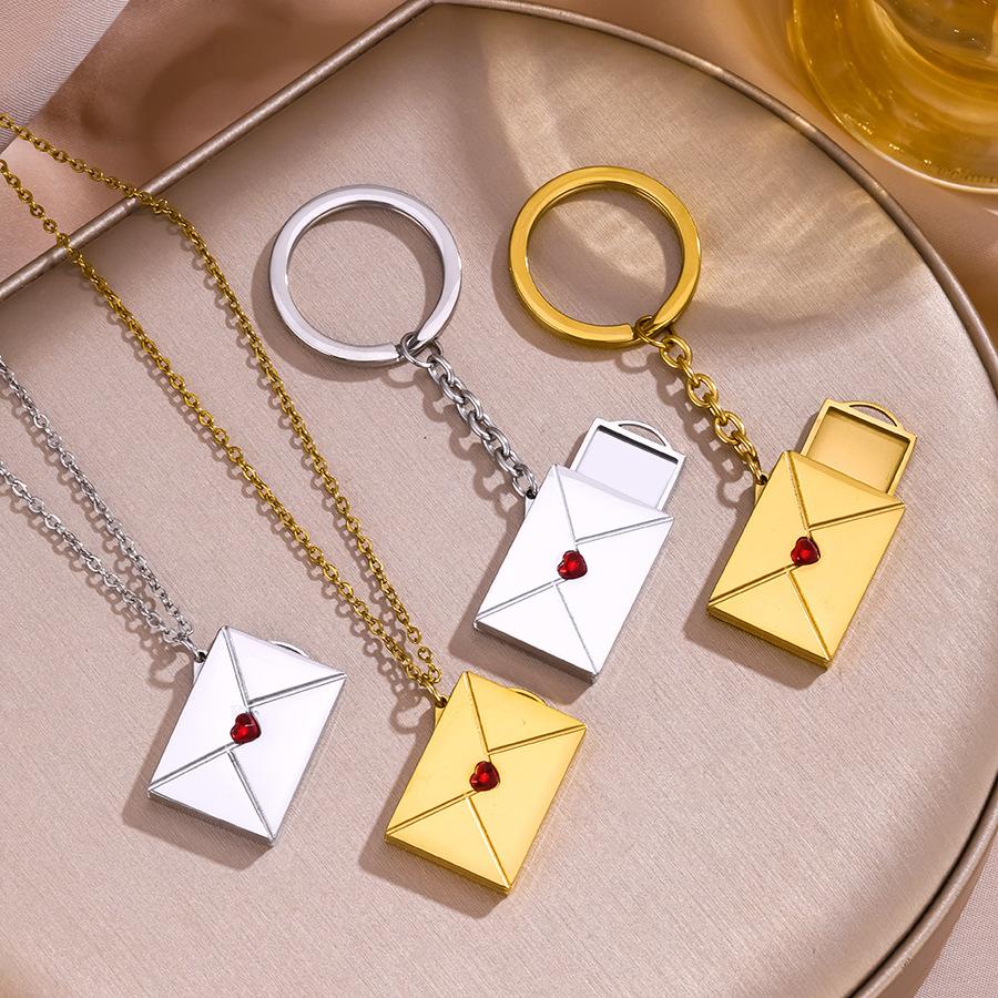 Stainless Steel Envelope Pendant Necklace for Women with Keychain Heart Shaped Locket Jewelry Gift