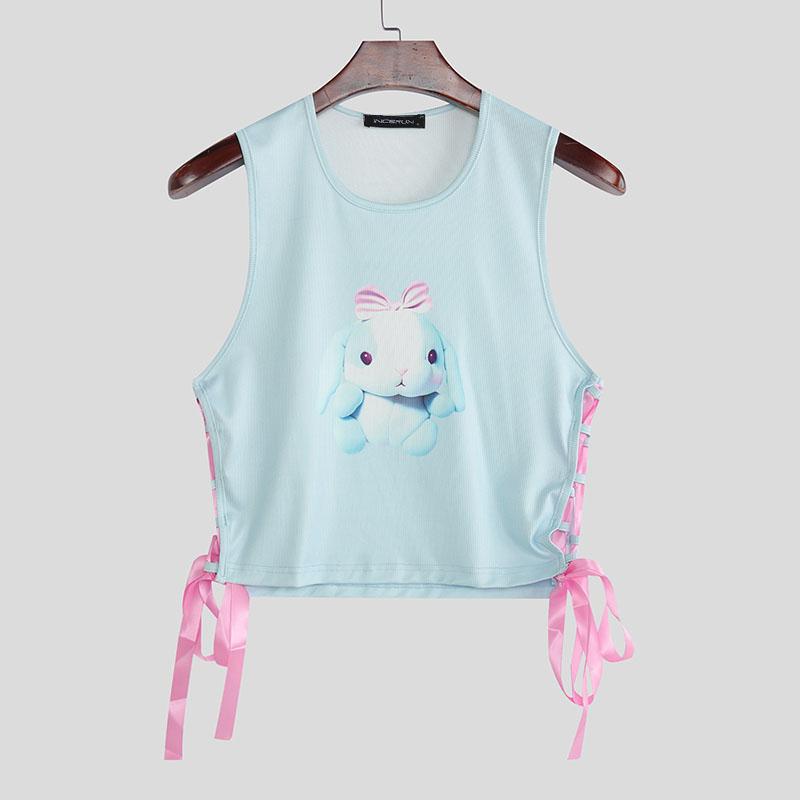 

Женские Мужские Безрукавные Милые Принты Повседневные Топы-Майки Кроп с Боковой Шнуровкой 3XL синий