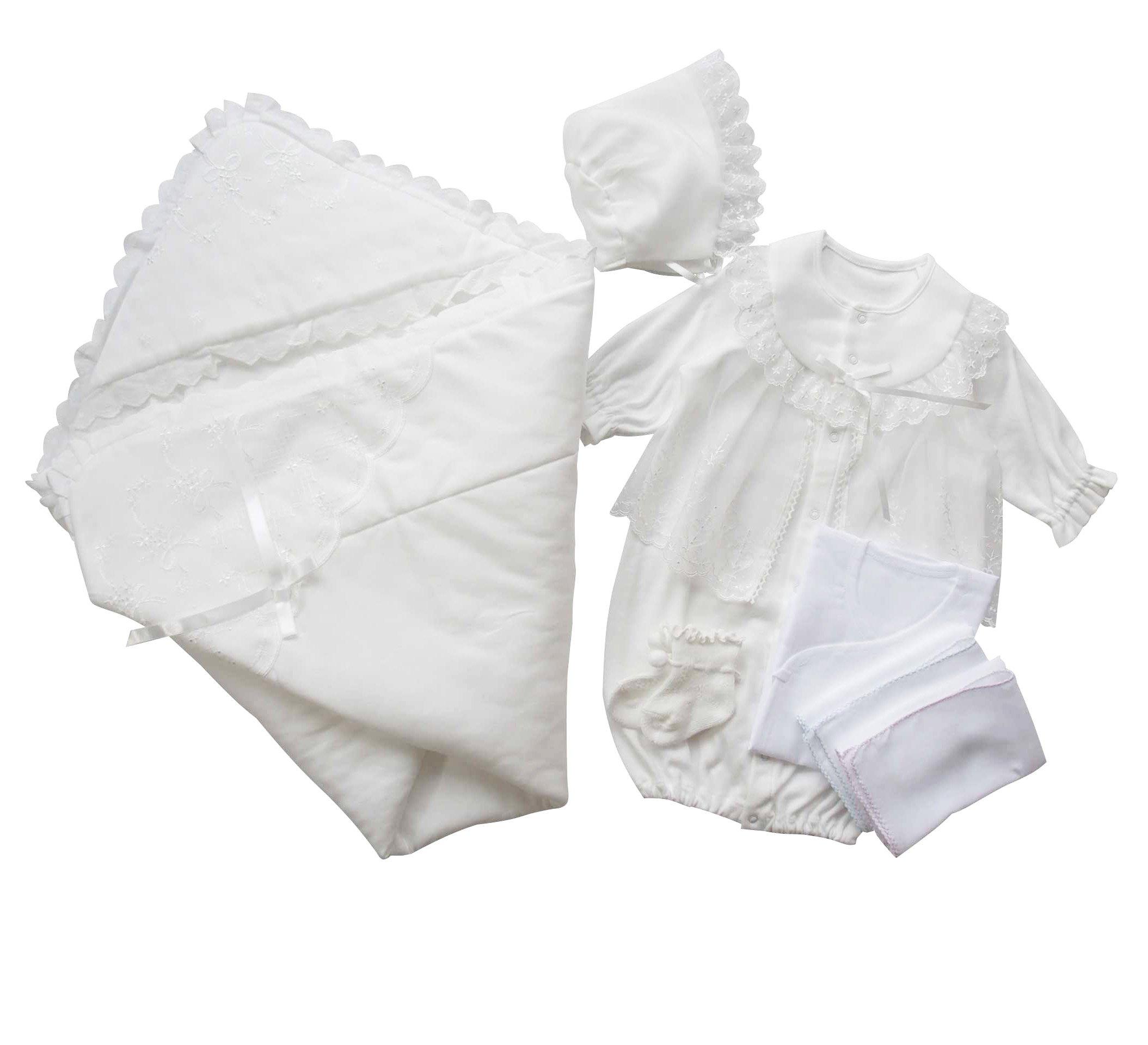 

набор для выписки из роддома, включая детский афганский плед, короткий и марлевый платок 25516 [OP mini] 6 предметов для новорожденных, больница, храм, платье, шапка, белый