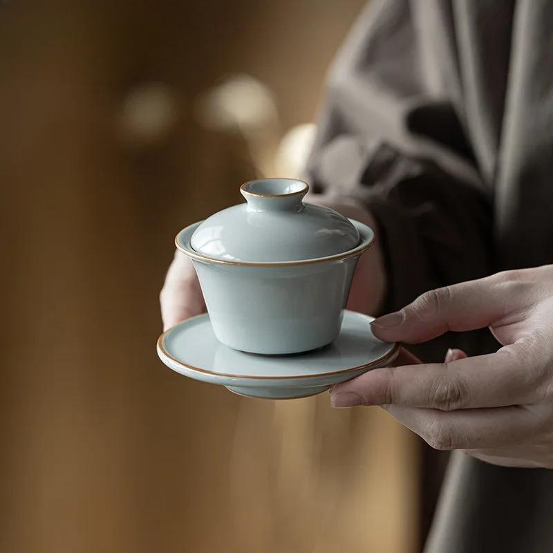 80ML High End Azure Ru Kiln Ceramic Gaiwan Elegant Three Talent Hand Grip Tea Tureen Tea Maker Cover Bowl For Tea Ornaments Gift