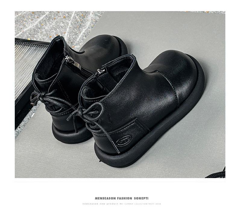 Girls' Black Martin Short Boots with Velvet - 2025 Autumn/Winter Edition Leather Princess Shoes