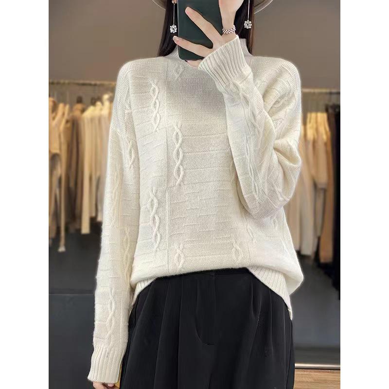 Women's High Neck Wool Sweater - Thick, Loose Knit Top for Autumn/Winter