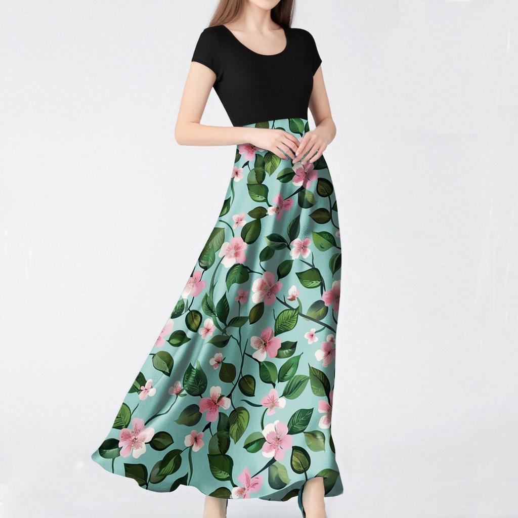 Women's Fashion Casual Loose Printed Round Neck Short Sleeve Long Dresses Short Sleeve Long Dresses